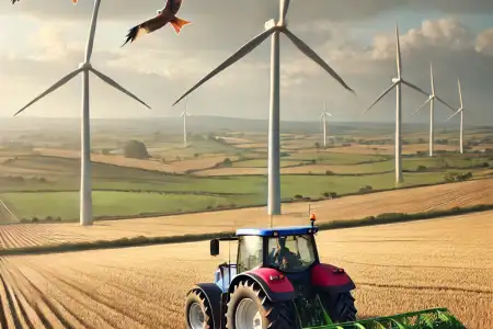 A tractor works in a field while several wind turbines can be seen in the background.