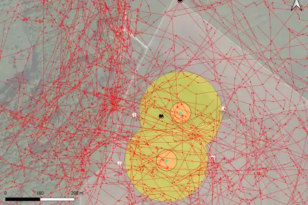 Map of the WINSENT test site with flight paths of the recorded red kites marked
