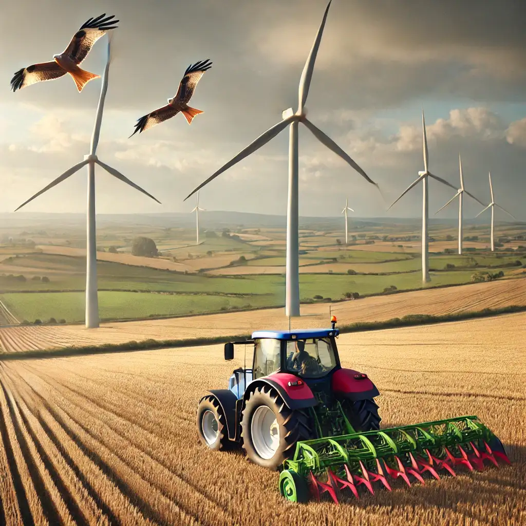 A tractor works in a field while several wind turbines can be seen in the background.
