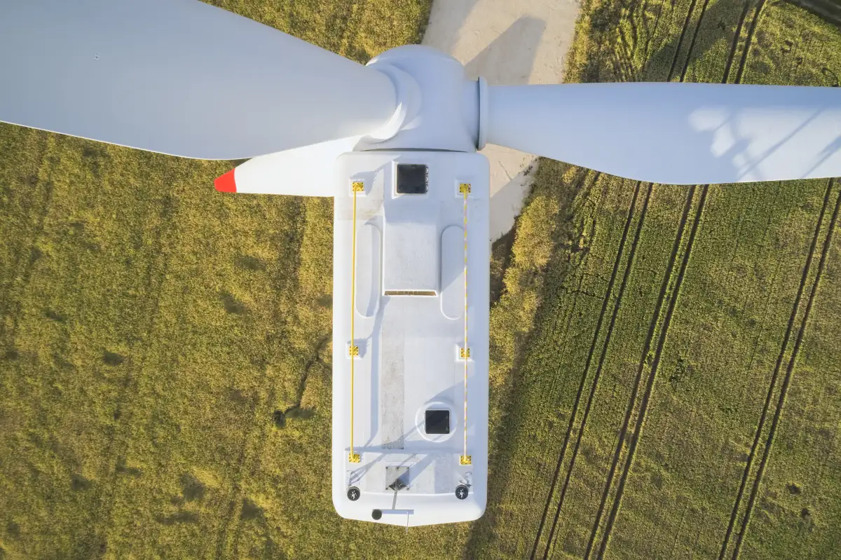 Close-up of a wind turbine from a bird's eye view.